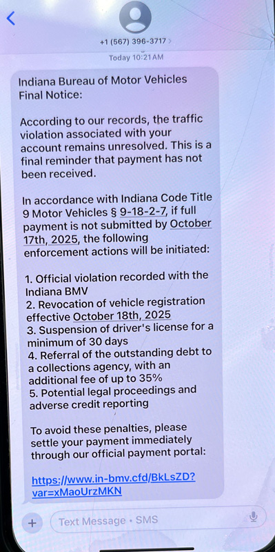Indiana BMV Reports More Text & Email Scams Underway