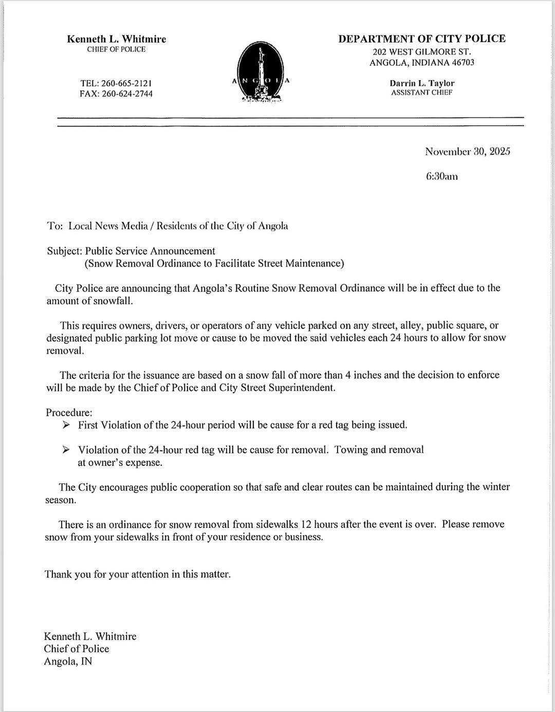 ANGOLA ACTIVATES SNOW REMOVAL ORDINANCE