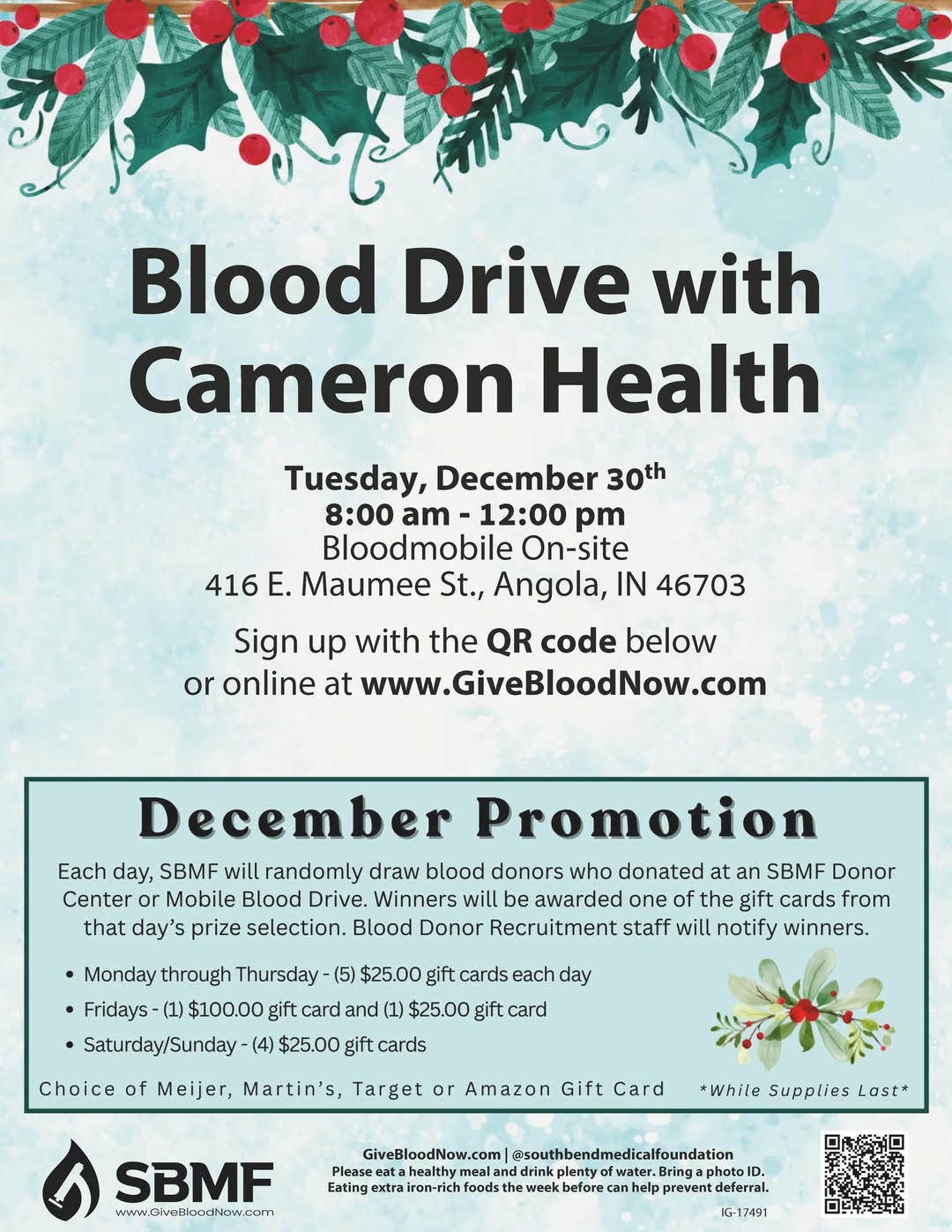 Blood Drive Set for New Year's Eve at Cameron Health