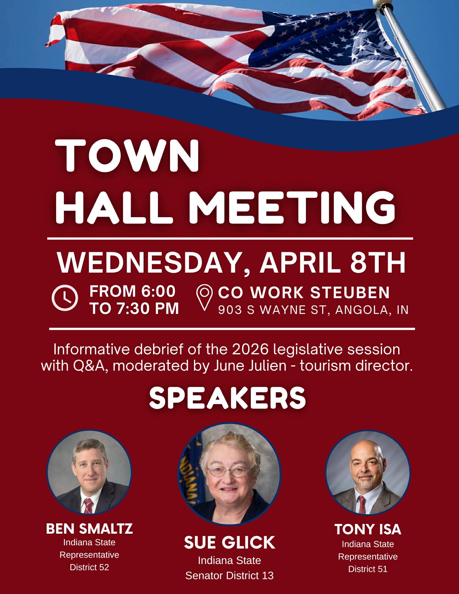 Isa, Smaltz, and Glick to Speak at Angola Town Hall April 8