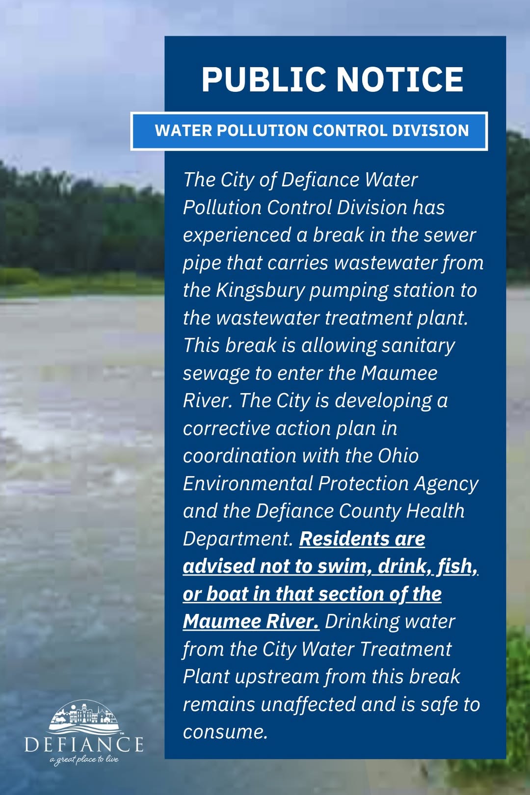 Defiance Warns Public To Avoid Maumee River After Sewer Break