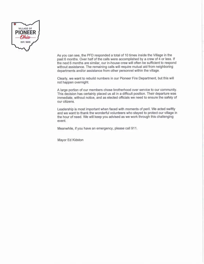 Pioneer Mayor Assures Coverage After Firefighter Walkout; Former Members Detail Reasons for Departure