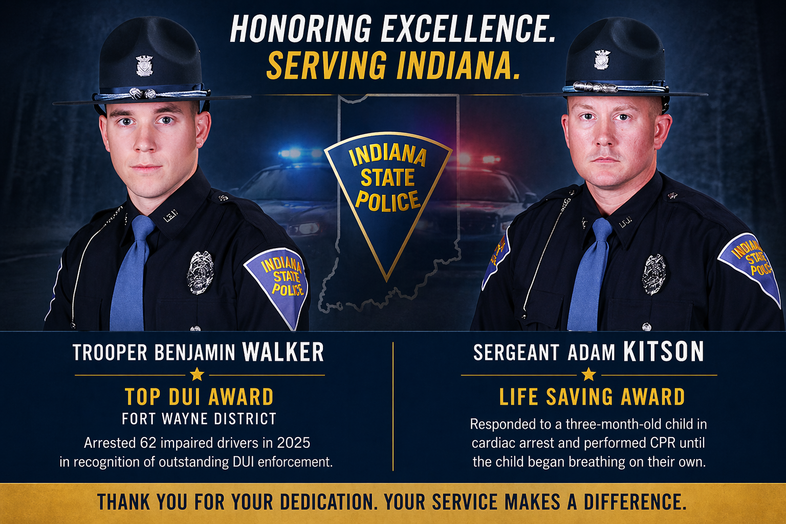 Two Northeast Indiana Troopers Recognized for DUI Enforcement, Life-Saving Response