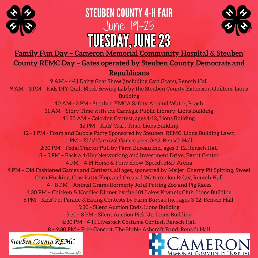 TUESDAY: Steuben County 4-H Fair Family Fun Day
