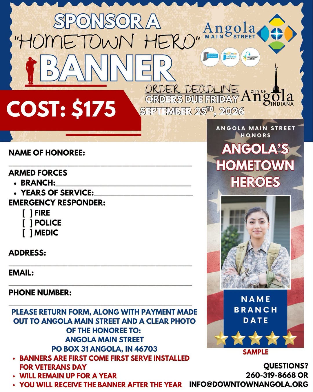 Angola Main Street Accepting Hometown Hero Banner Sponsorships